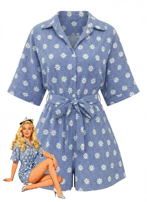 Light Blue 1950s Daisy Print Tie-Waist Romper made by Retro Stage