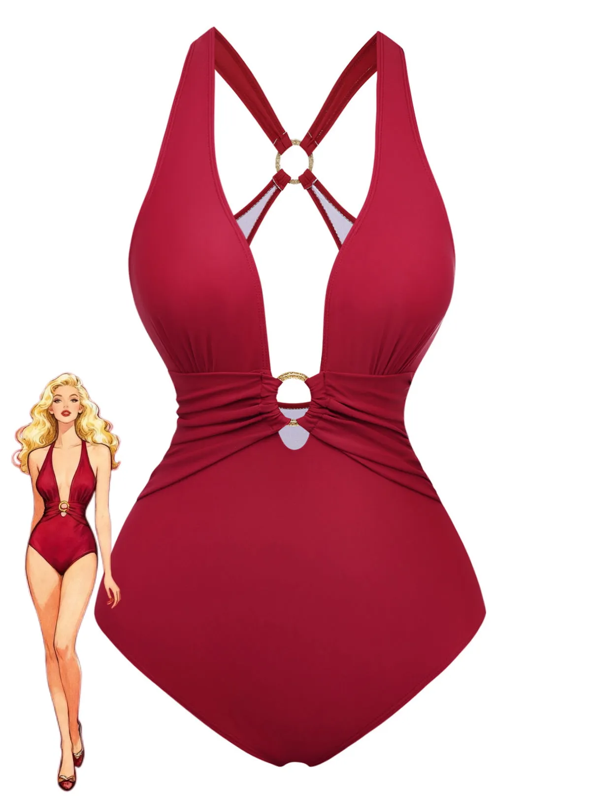 1960s Deep-V Ruched Metal Ring One-Piece Swimsuit sold by Retro Stage