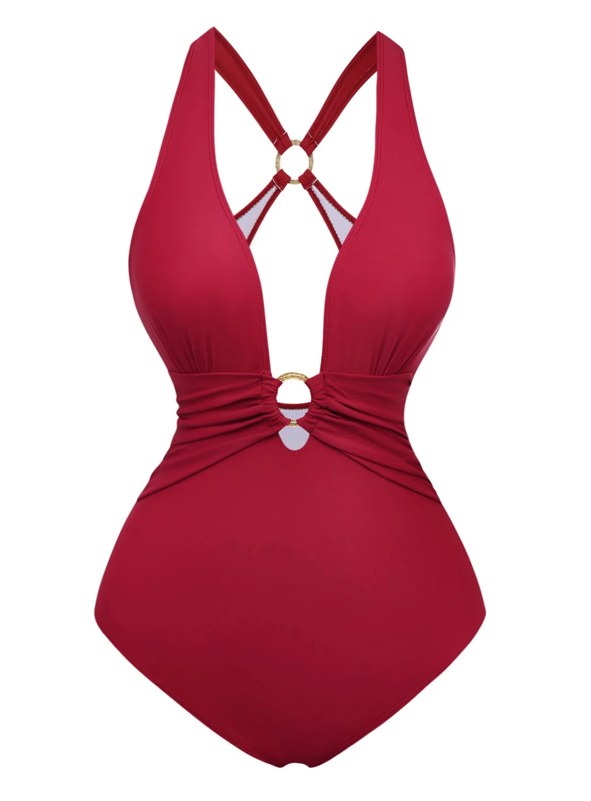 1960s Deep-V Ruched Metal Ring One-Piece Swimsuit sold by Retro Stage product image thumbnail 2