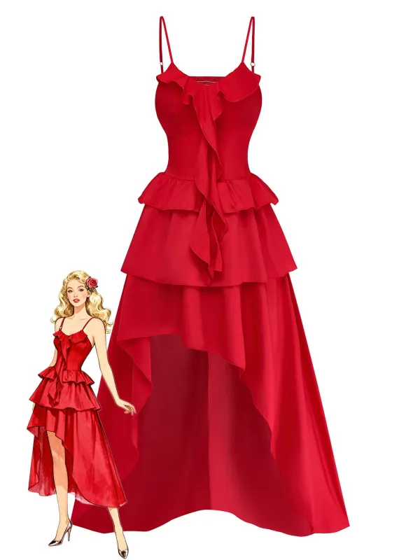 Red 1960s Spaghetti Strap Ruffle Tiered Dress made by Retro Stage