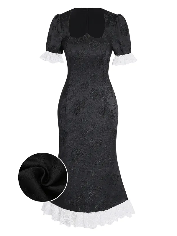 [Pre-Sale] Black & White 1940s Floral Lace Color Block Dress made by Retro Stage