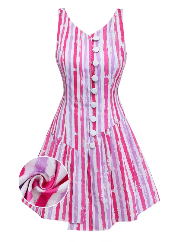 [Pre-Sale] Pink 1960s Vertical Stripe Sleeveless Asymmetric Hem Dress made by Retro Stage