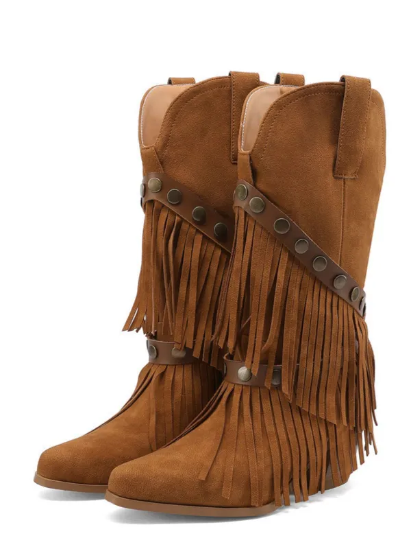 Vintage Denim Western Cowboy Tassel Mid-Calf Boots made by Retro Stage