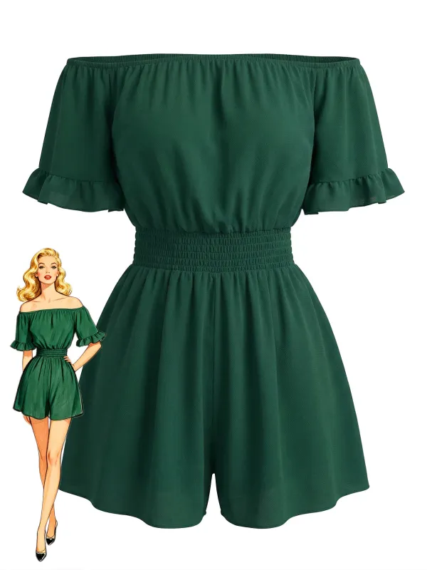1940s Solid Off Shoulder Ruffle Sleeve Smocked Waist Romper made by Retro Stage