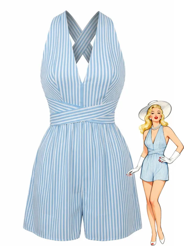 Blue 1950s Striped V-Neck Sleeveless Crisscross Belted Romper made by Retro Stage