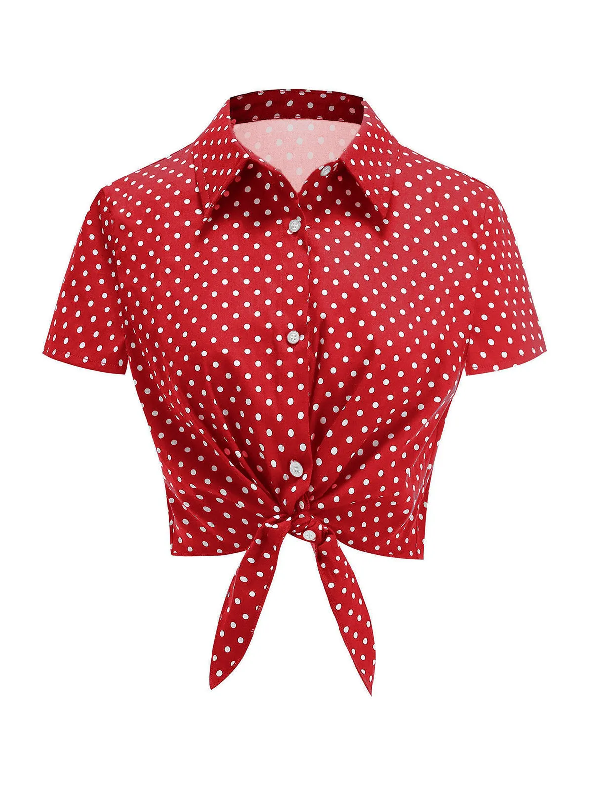 Red 1950s Polka Dot Tie-Front Cropped Blouse sold by Retro Stage