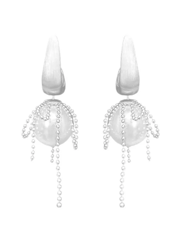 White Copper Pearl Tassel Drop Earrings made by Retro Stage