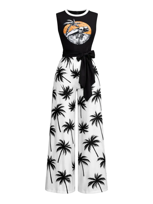 [Pre-Sale] Black & White 1970s  Pocketed Palm Tree Skeleton Surfer Jumpsuit made by Retro Stage