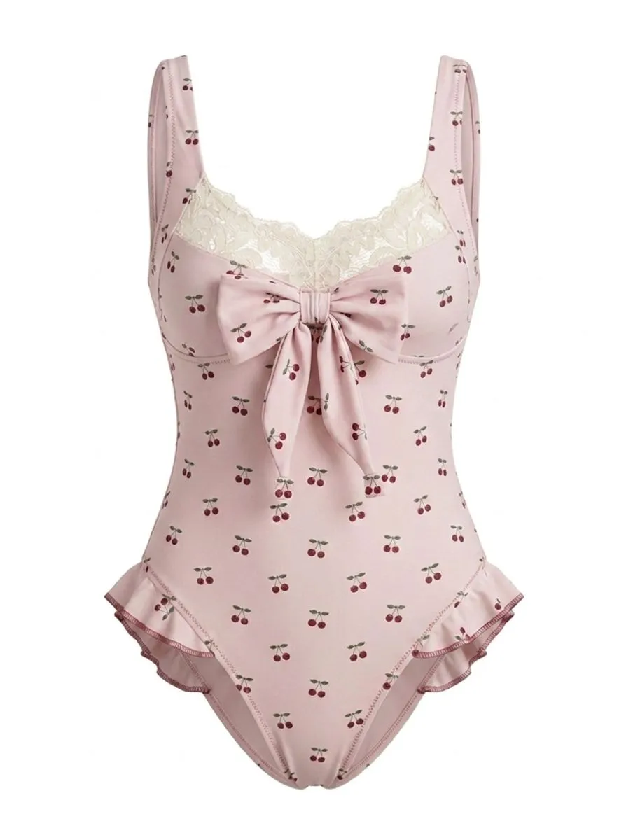 Pink 1950s Lace Cherry Bow One-Piece Swimsuit sold by Retro Stage
