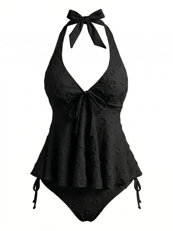 1950s Halter Textured Floral Deep V Tankini Set made by Retro Stage