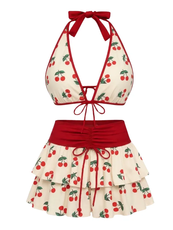 [Pre-Sale] Pink 1960s Cherry Print Tie-Front Layered Bikini Set made by Retro Stage