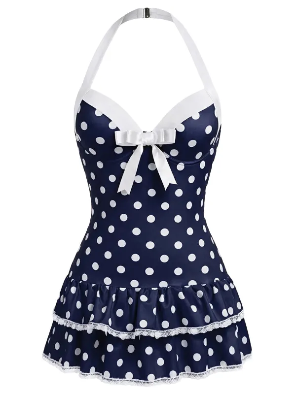 [Pre-Sale] Blue 1940s Halter Dot Bow One-Piece Swimsuit made by Retro Stage