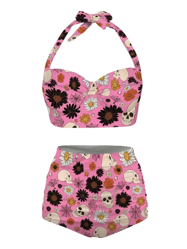 [Pre-Sale] Pink 1950s Floral Print Lace-Up Halter Swimsuit made by Retro Stage