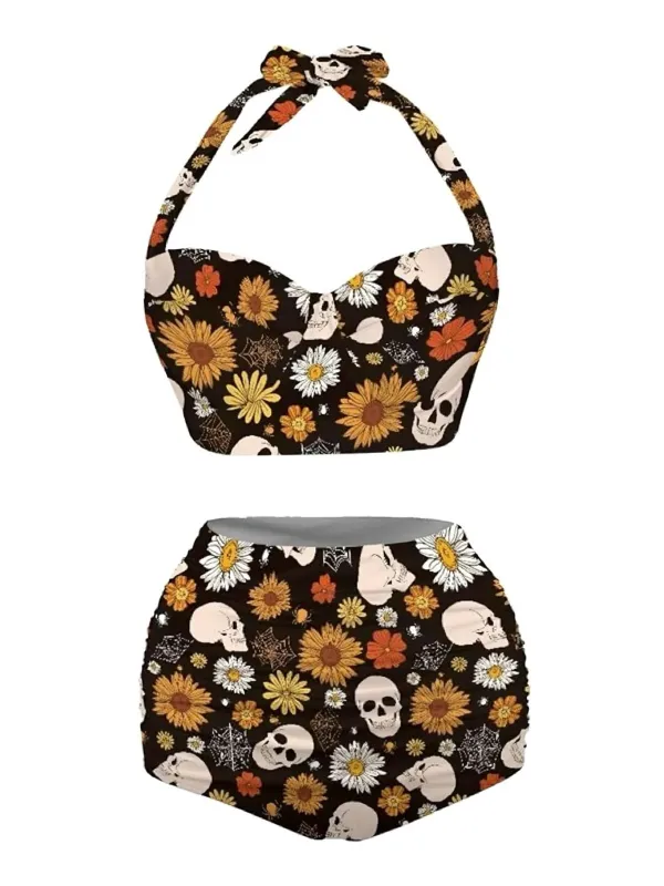 [Pre-Sale] [Plus Size] Black 1950s Floral Print Lace-Up Halter Swimsuit made by Retro Stage