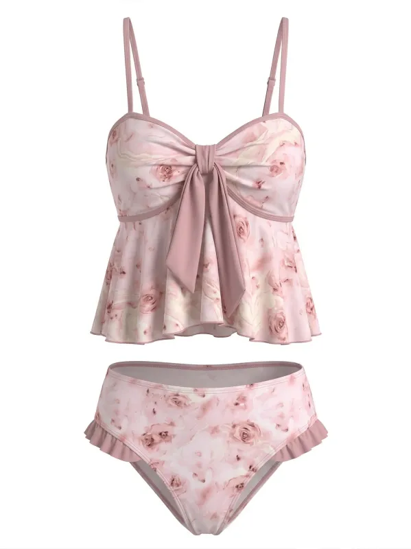 [Pre-Sale] Pink 1950s Floral Ruffle Tankini Swimsuit made by Retro Stage