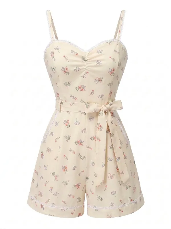 Beige 1940s Floral Suspender Romper made by Retro Stage