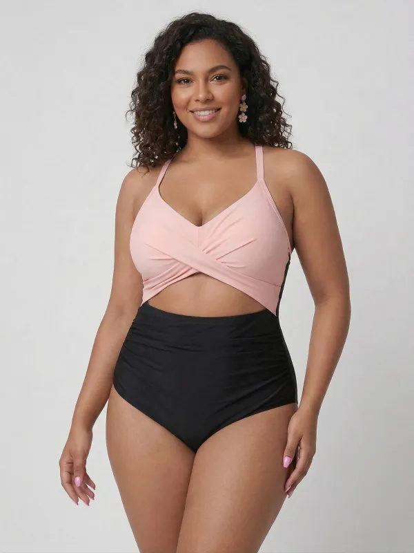 [Plus Size] Pink & Black 1940s Hollow Waist Patchwork Swimsuit made by Retro Stage