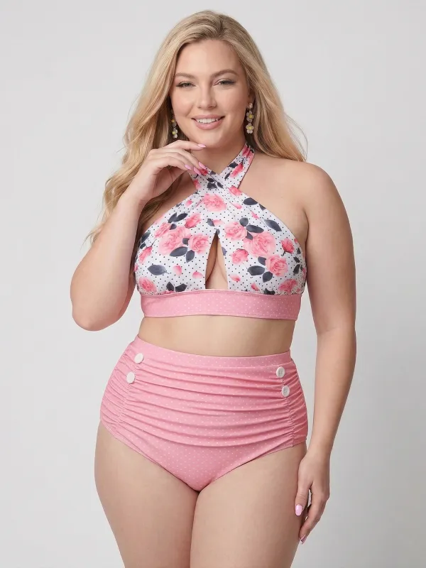 [Plus Size] Pink 1940s Floral Cross Halter Swimsuit made by Retro Stage