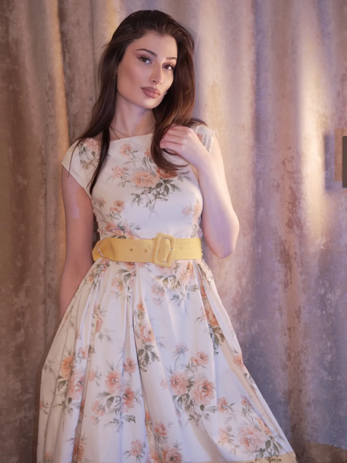 Yellow 1950s Boat Neck Antique Floral Dress sold by Retro Stage product image thumbnail 3