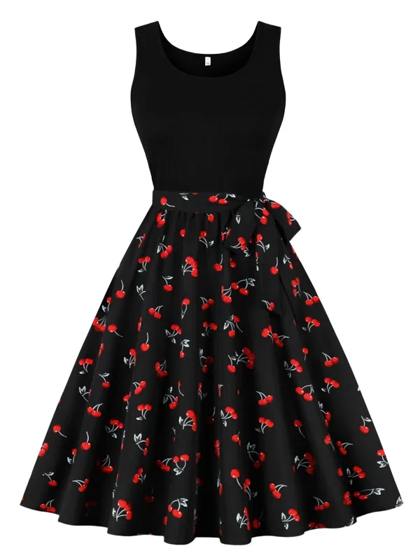 [Pre-Sale] Black 1950s Red Cherry Patchwork Swing Dress made by Retro Stage