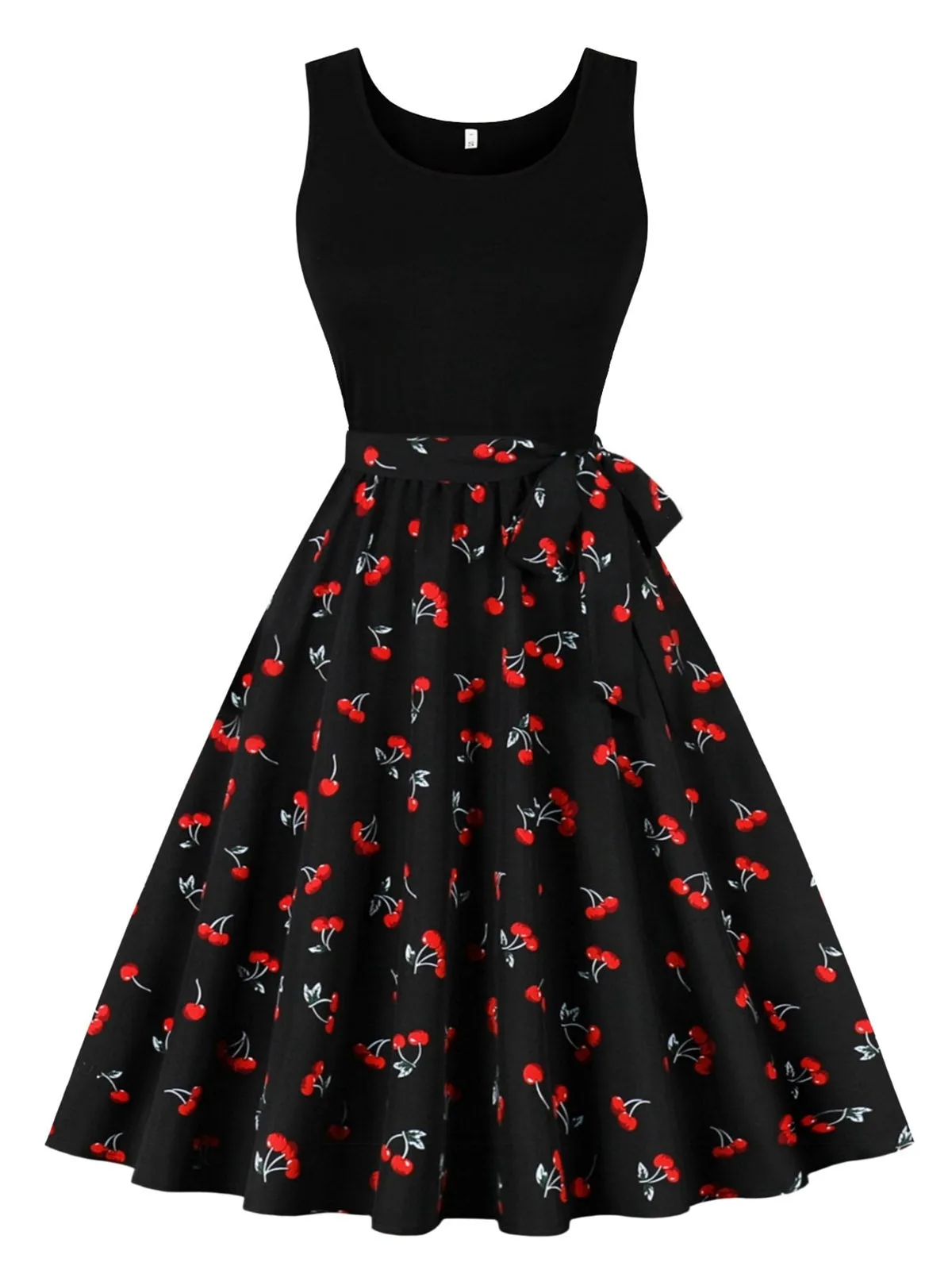 Black 1950s Red Cherry Patchwork Swing Dress sold by Retro Stage