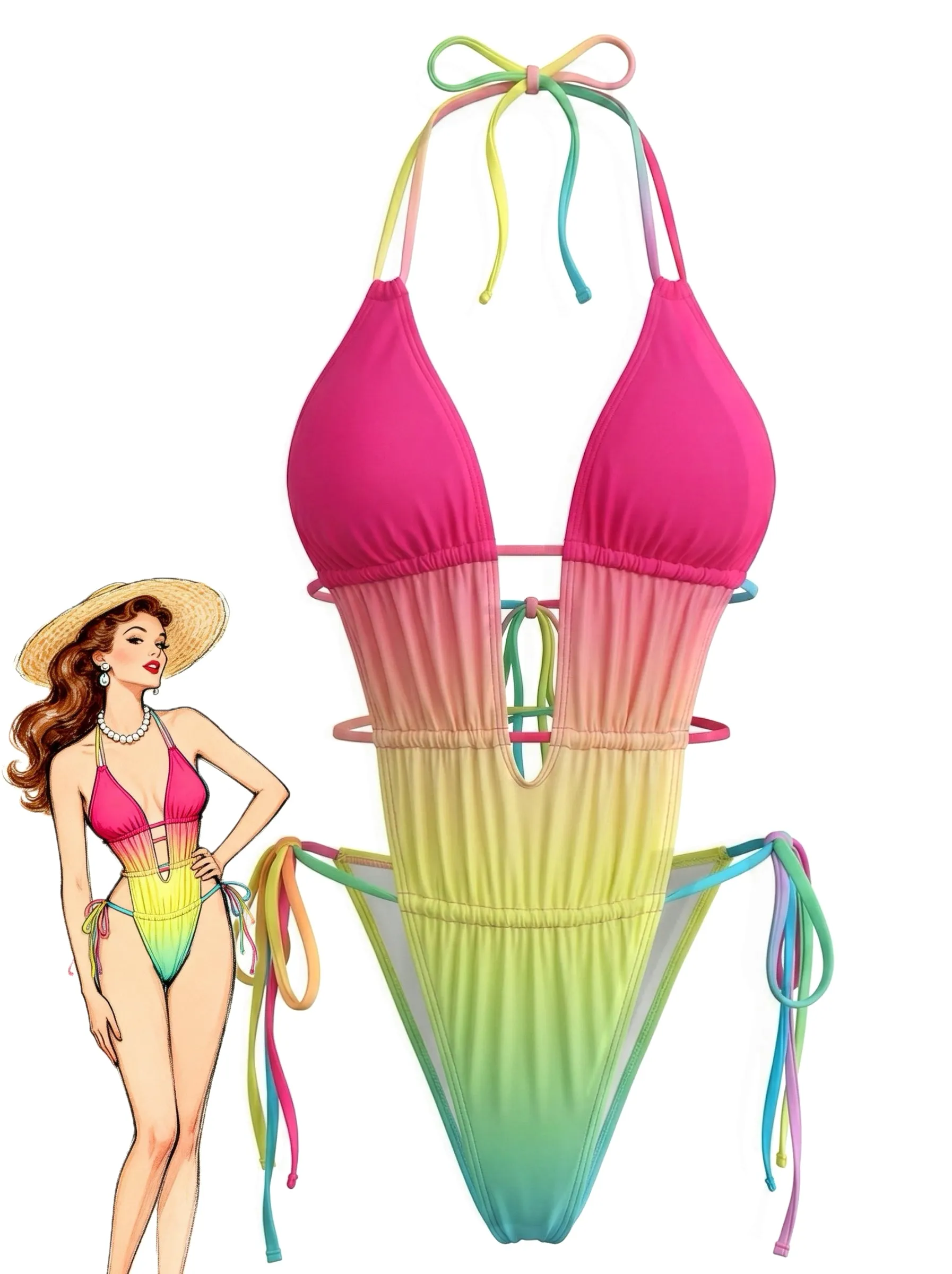 Multicolor 1950s Ruched Gradient Beach One-Piece Swimsuit sold by Retro Stage