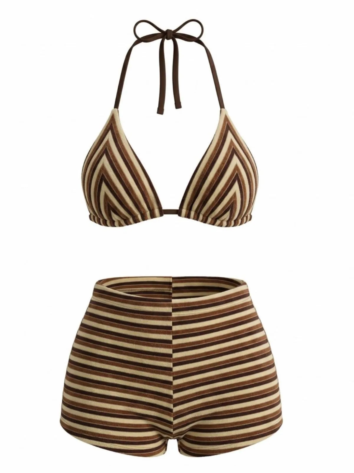 2PCS Brown 1950s Striped Terry Halter Bikini & Shorts sold by Retro Stage product image thumbnail 2