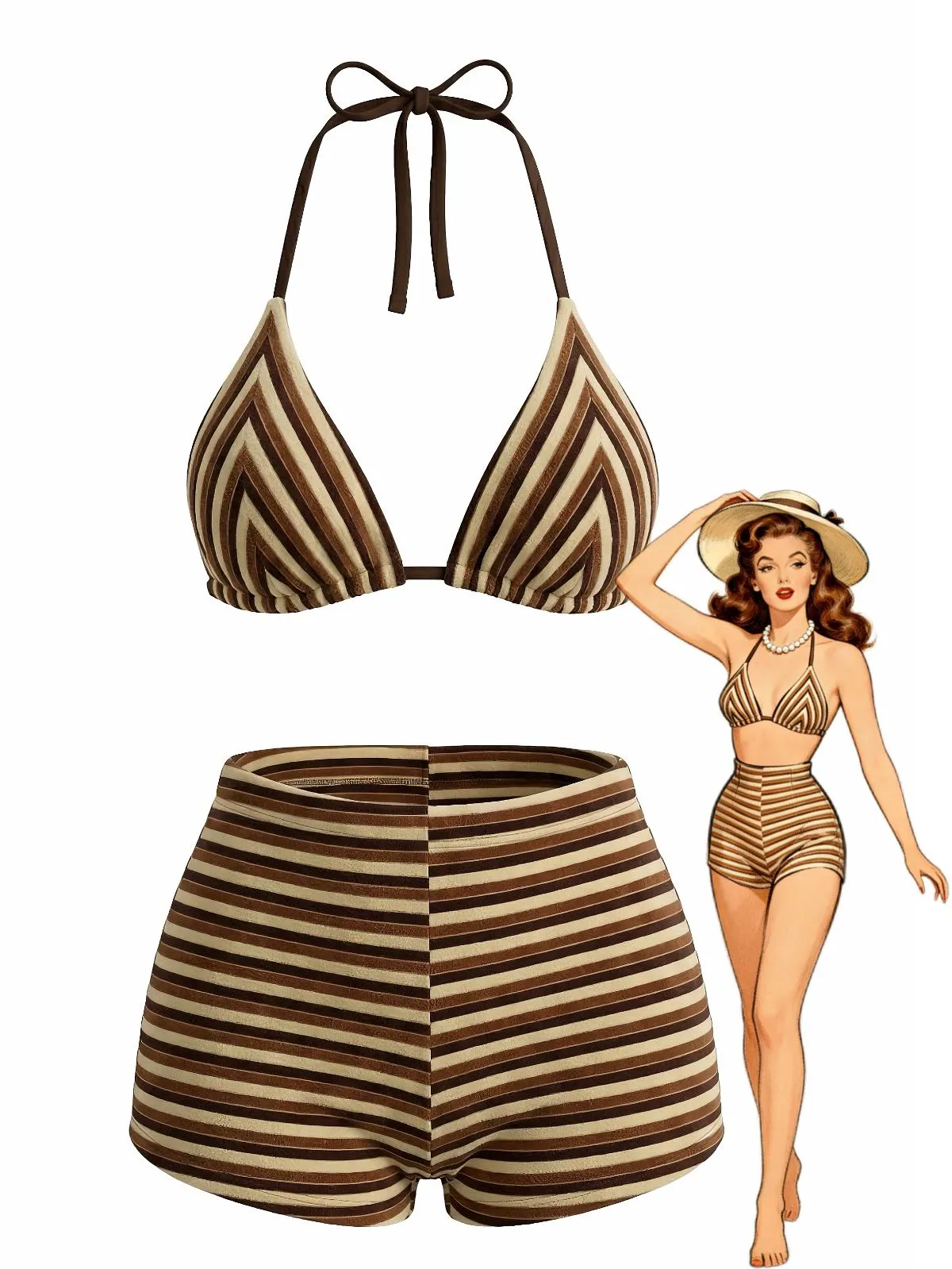 2PCS Brown 1950s Striped Terry Halter Bikini & Shorts sold by Retro Stage