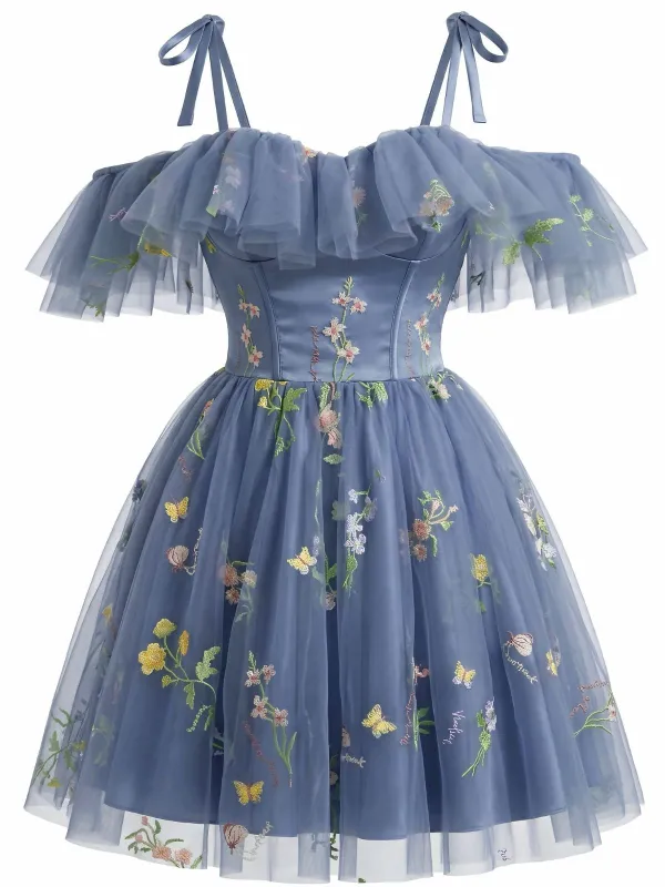 1950s Off-Shoulder Floral Embroidered Mesh Dress made by Retro Stage