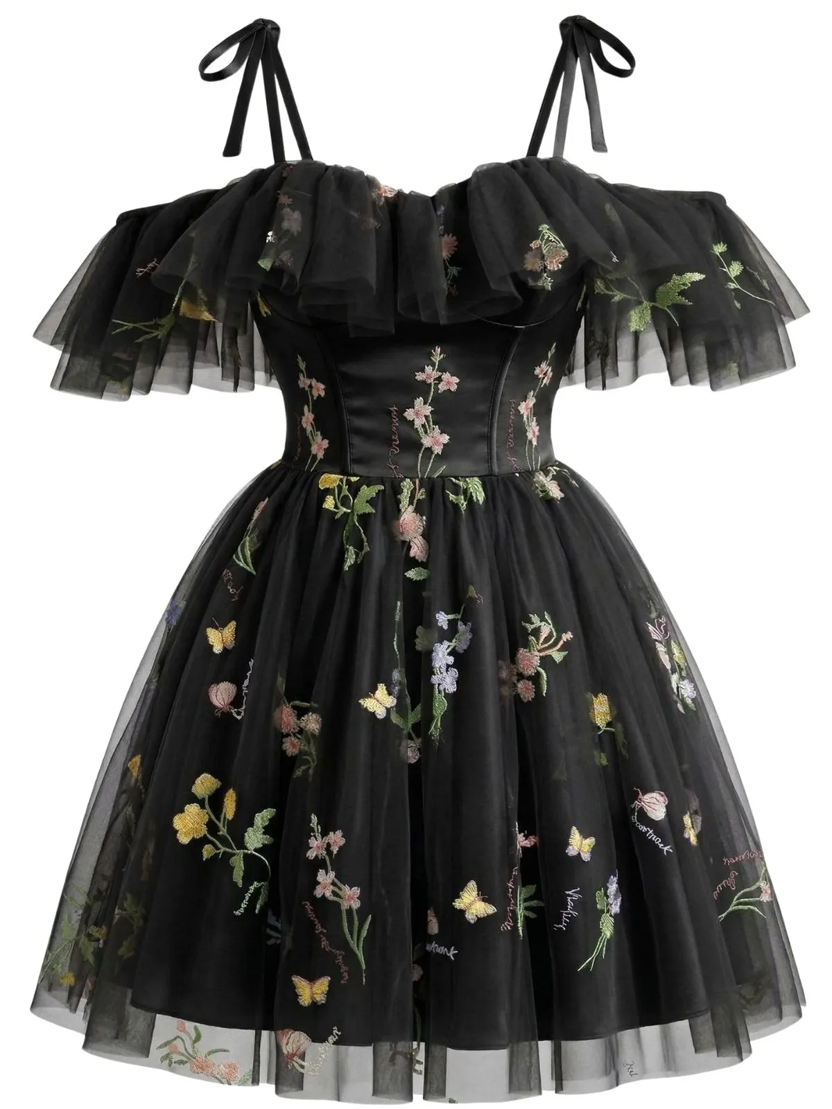 1950s Off-Shoulder Floral Embroidered Mesh Dress sold by Retro Stage product image thumbnail 5