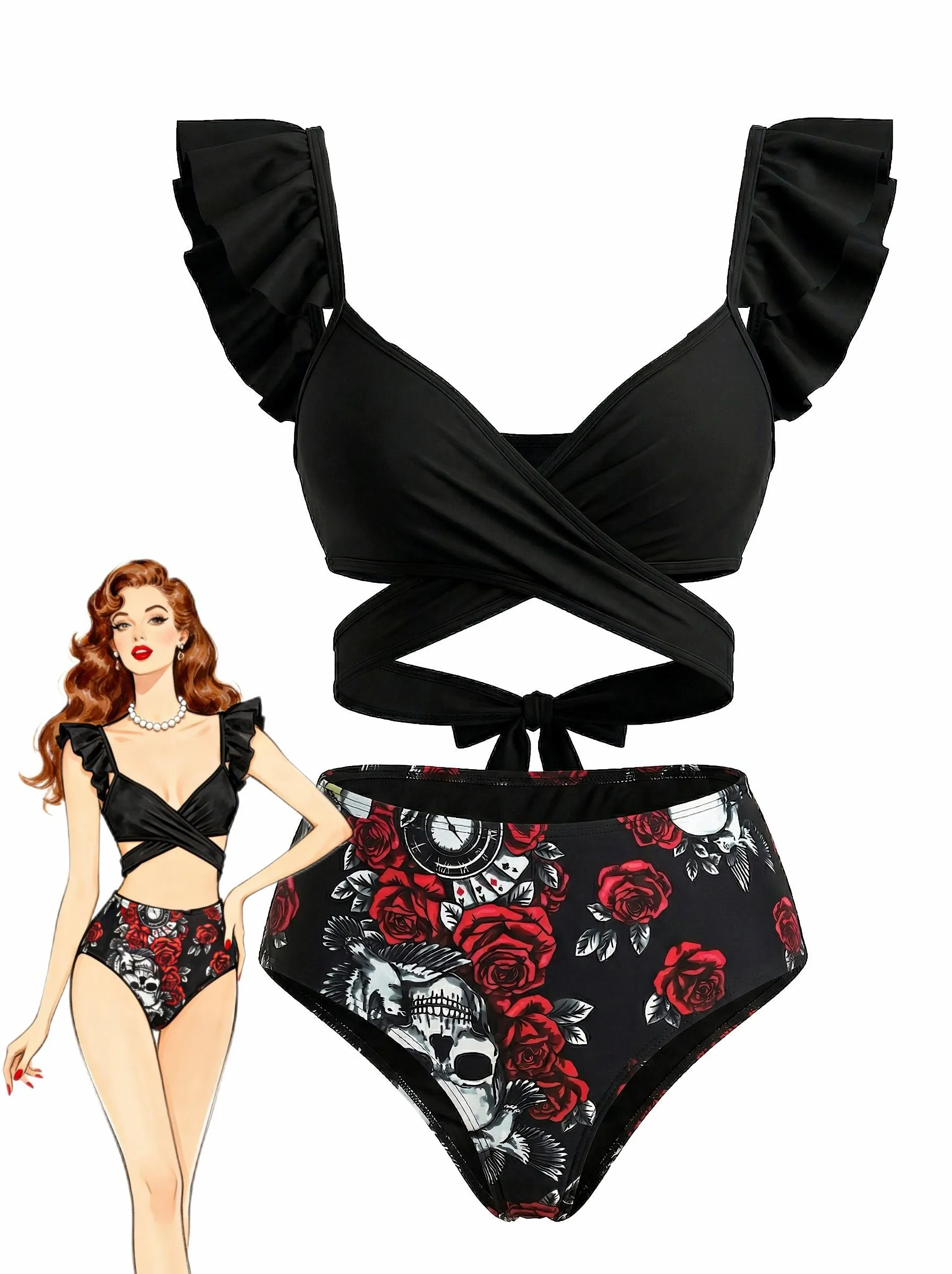 Black 1970s Gothic Ruffle Tankini Set sold by Retro Stage