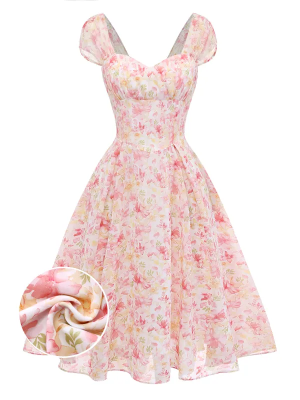 [Pre-Sale] Pink 1950s Floral Sweetheart Neck Bow Dress made by Retro Stage