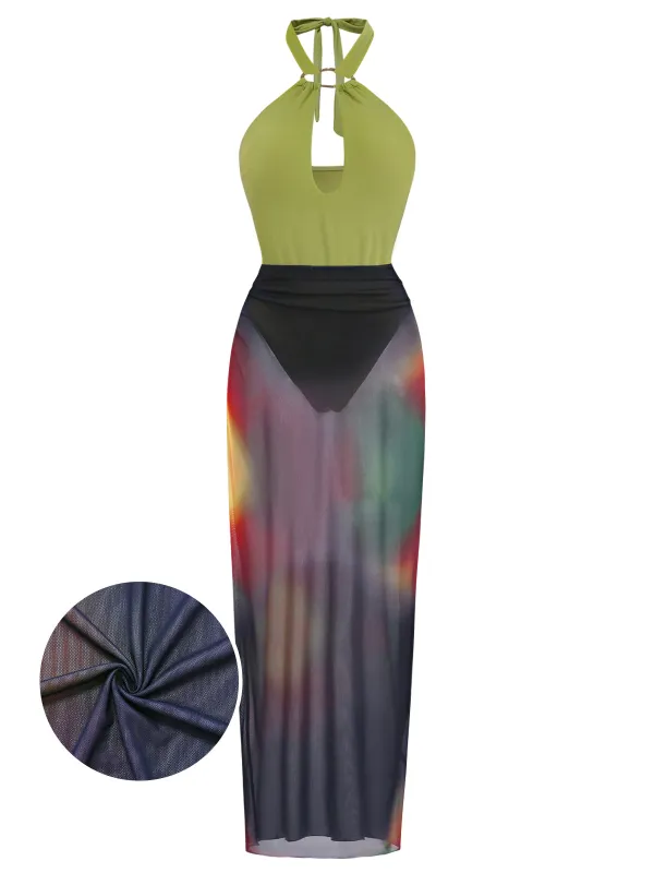 [Pre-Sale] Green 1930s Halter One-Piece Swimsuit & Gradient Cover-Up made by Retro Stage