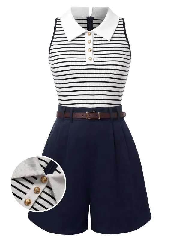 [Pre-Sale] Dark Blue 1960s Knit Striped Color Block Romper made by Retro Stage