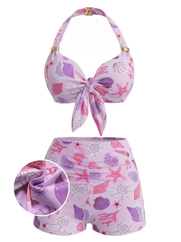 [Pre-Sale] Pink 1950s Halter Seashell Starfish High-Waisted Bikini Set made by Retro Stage