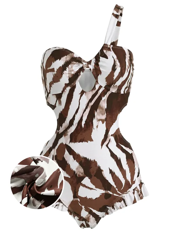 [Pre-Sale] Dark Brown 1950s One-Shoulder Hollow One-Piece Swimsuit made by Retro Stage