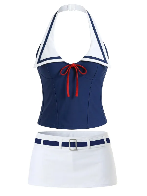 [Pre-Sale] Blue & White 1950s Nautical Sailor Collar Tankini Set made by Retro Stage