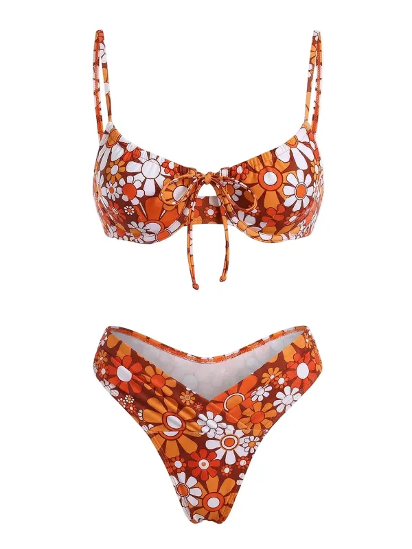 [Pre-Sale] Orange 1960s Floral Print Bow Bikini Set made by Retro Stage