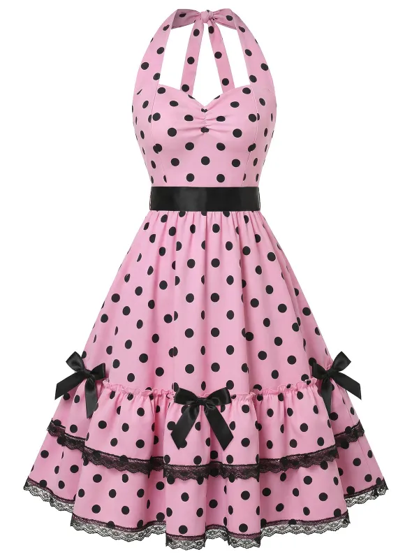 [Pre-Sale] Peach Pink 1950s Polka Dot Bow Smocked Dress made by Retro Stage