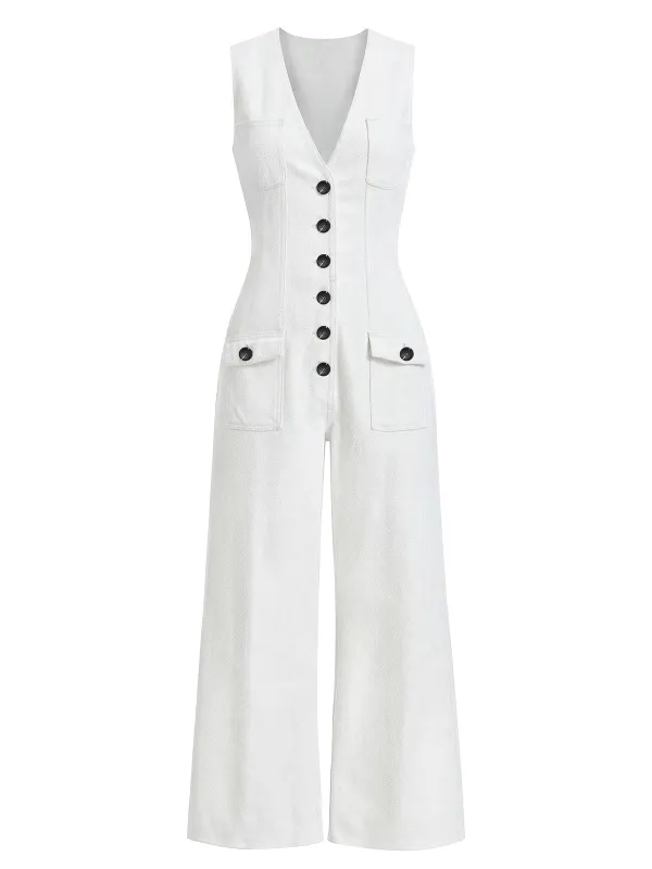 [Pre-Sale] White 1970s V-Neck Sleeveless Pocket Wide Leg Jumpsuit made by Retro Stage