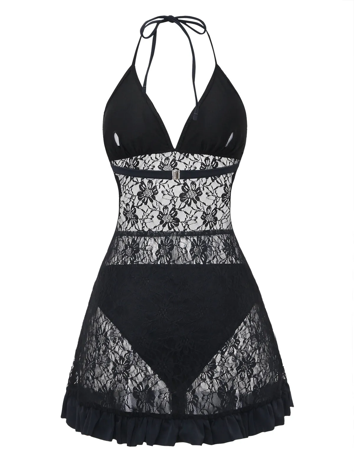 Black 1980s Lace Halter Ruffle One-Piece Swimsuit sold by Retro Stage product image thumbnail 3