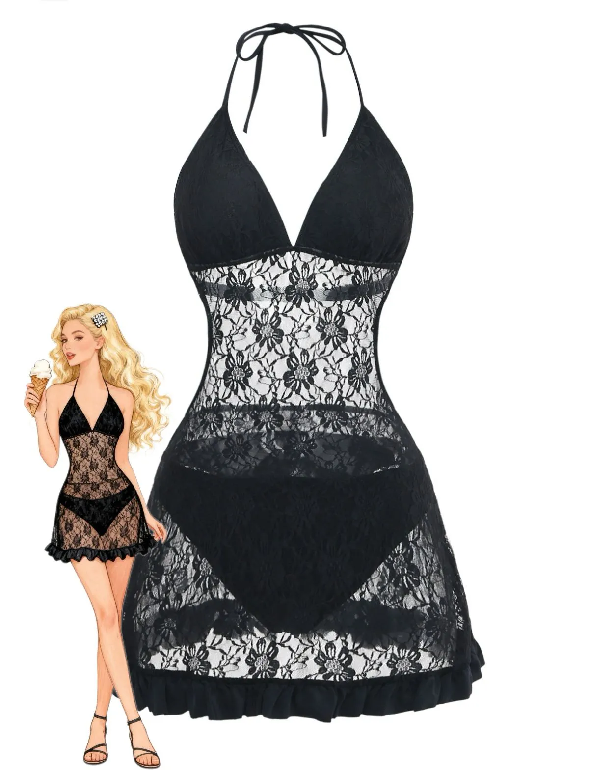 Black 1980s Lace Halter Ruffle One-Piece Swimsuit sold by Retro Stage