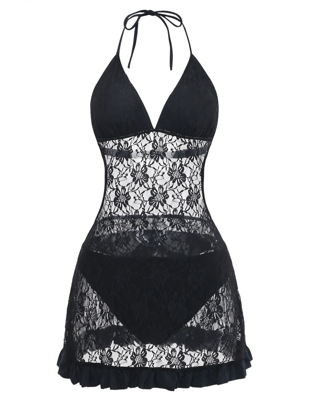 Black 1980s Lace Halter Ruffle One-Piece Swimsuit sold by Retro Stage product image thumbnail 2