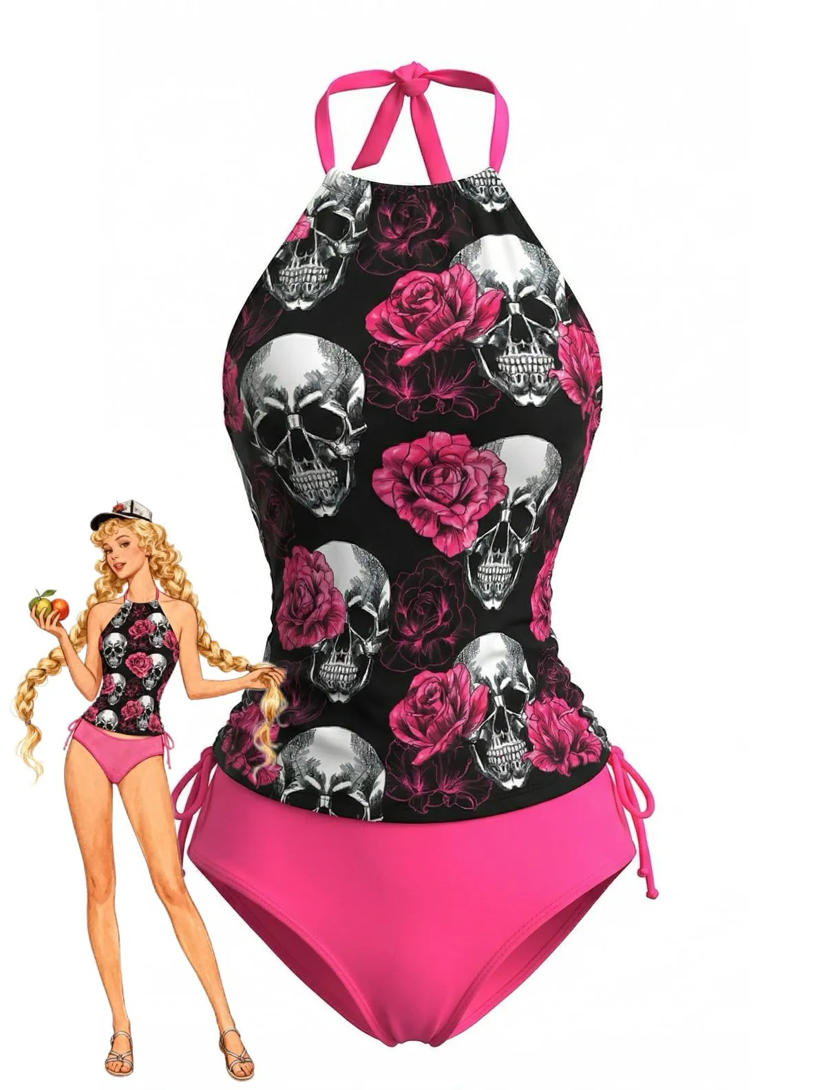 Peach Pink 1980s Skull Rose Print Tankini Set sold by Retro Stage