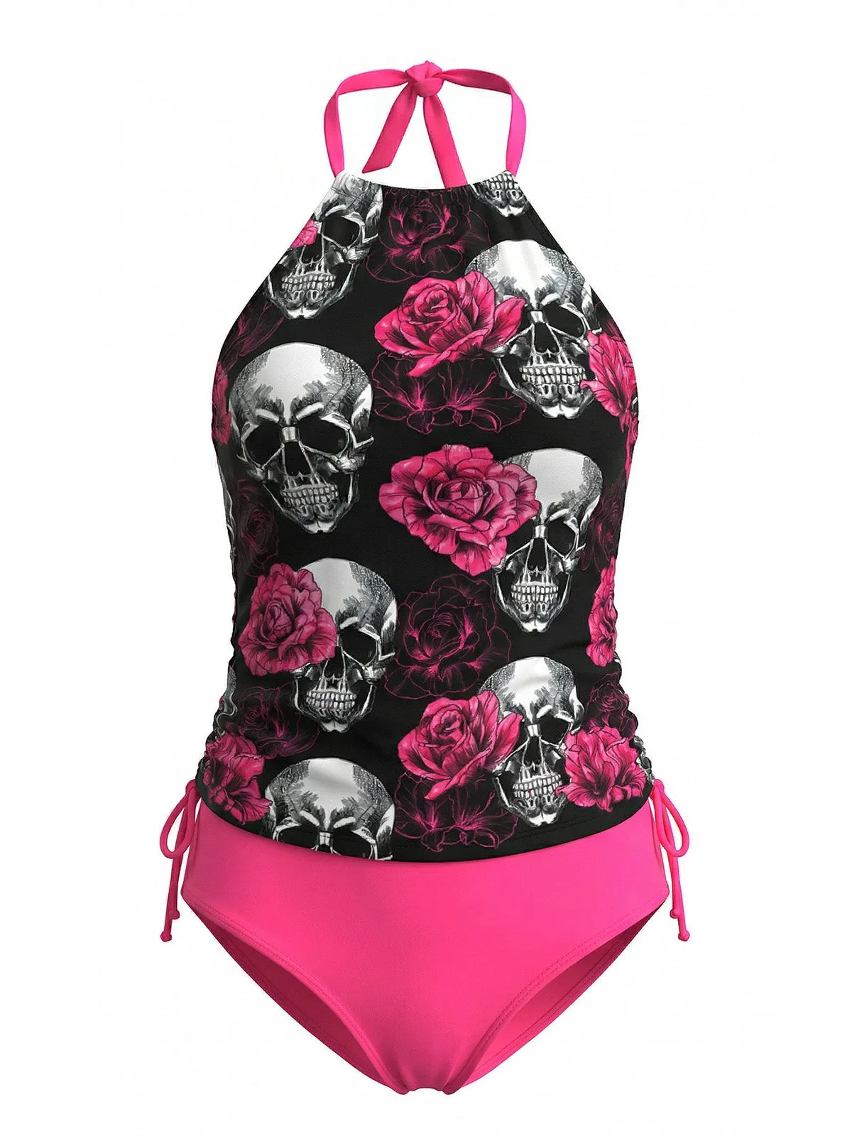 Peach Pink 1980s Skull Rose Print Tankini Set sold by Retro Stage product image thumbnail 2