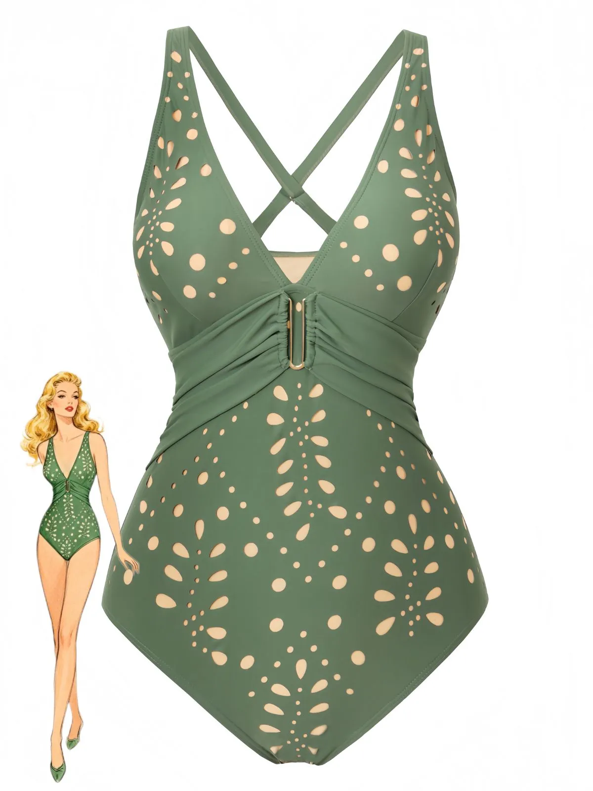 1940s Hollow Out Metal Buckle One-Piece Swimsuit sold by Retro Stage