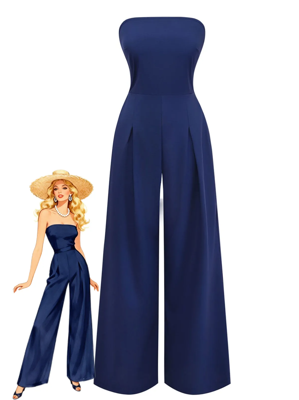 Dark Blue 1940s Wrap Style Wide Leg Jumpsuit sold by Retro Stage
