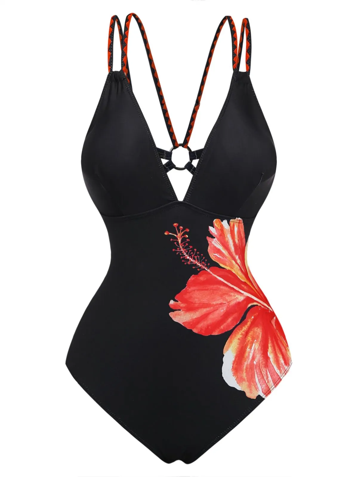 Black 1950s Floral Deep V Double Strap One-Piece Swimsuit sold by Retro Stage product image thumbnail 2