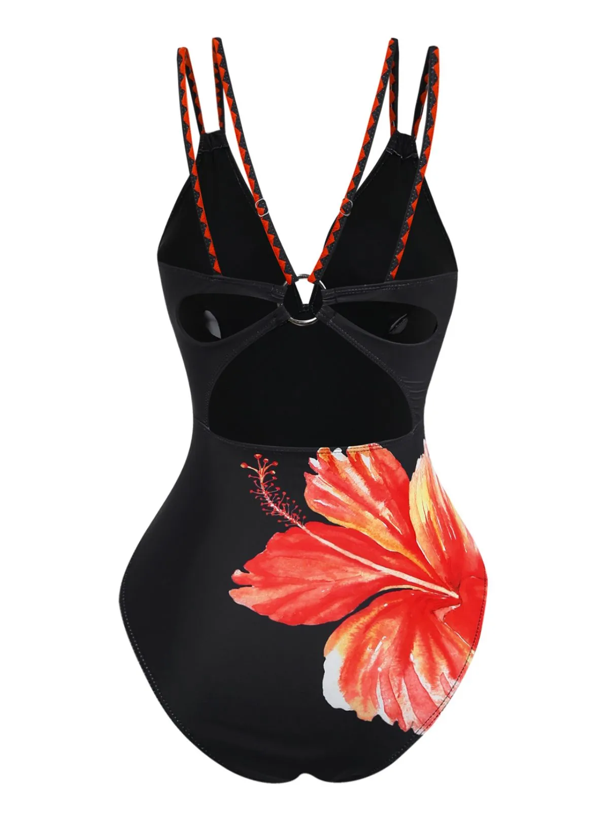 Black 1950s Floral Deep V Double Strap One-Piece Swimsuit sold by Retro Stage product image thumbnail 3