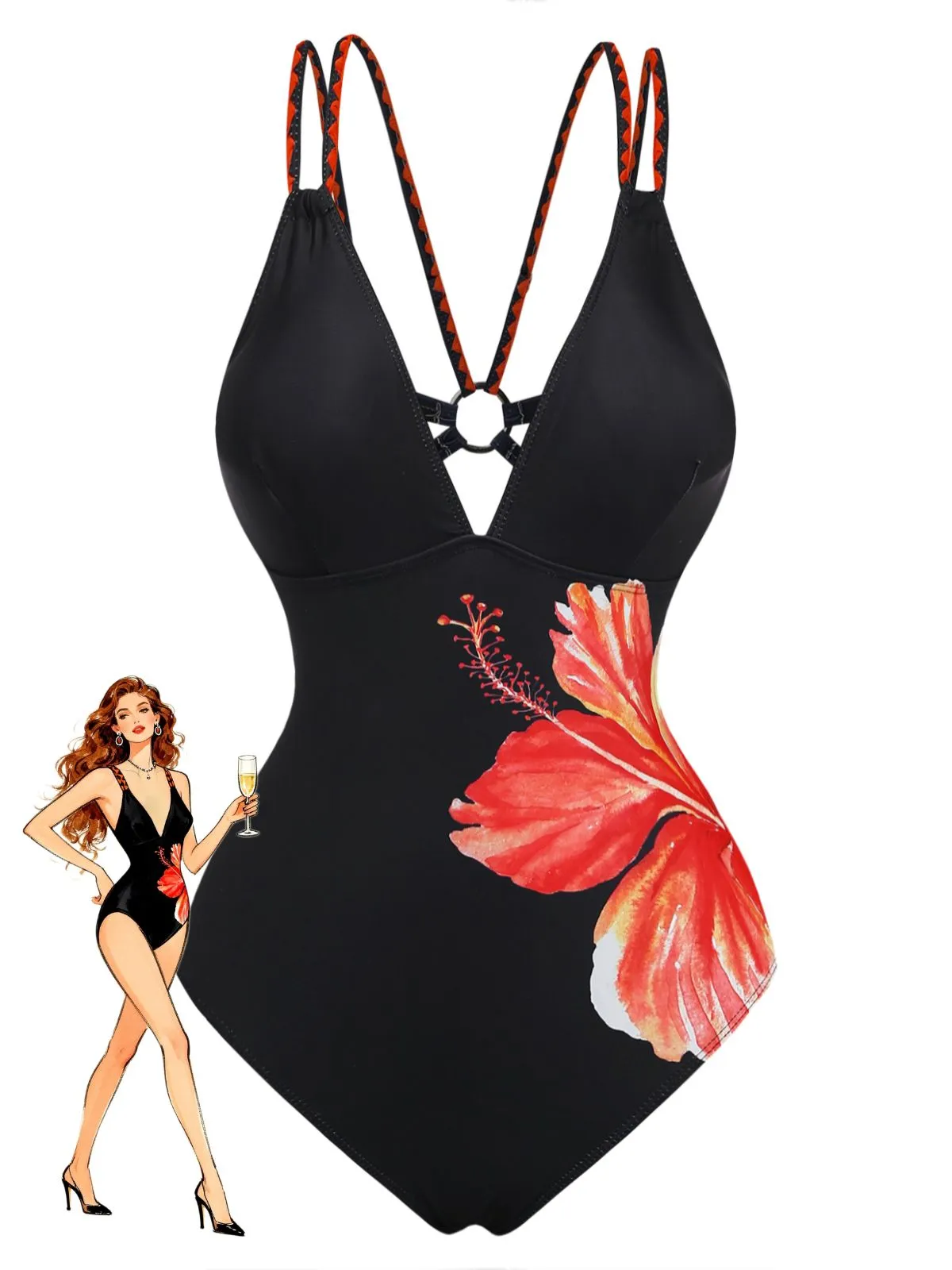 Black 1950s Floral Deep V Double Strap One-Piece Swimsuit sold by Retro Stage